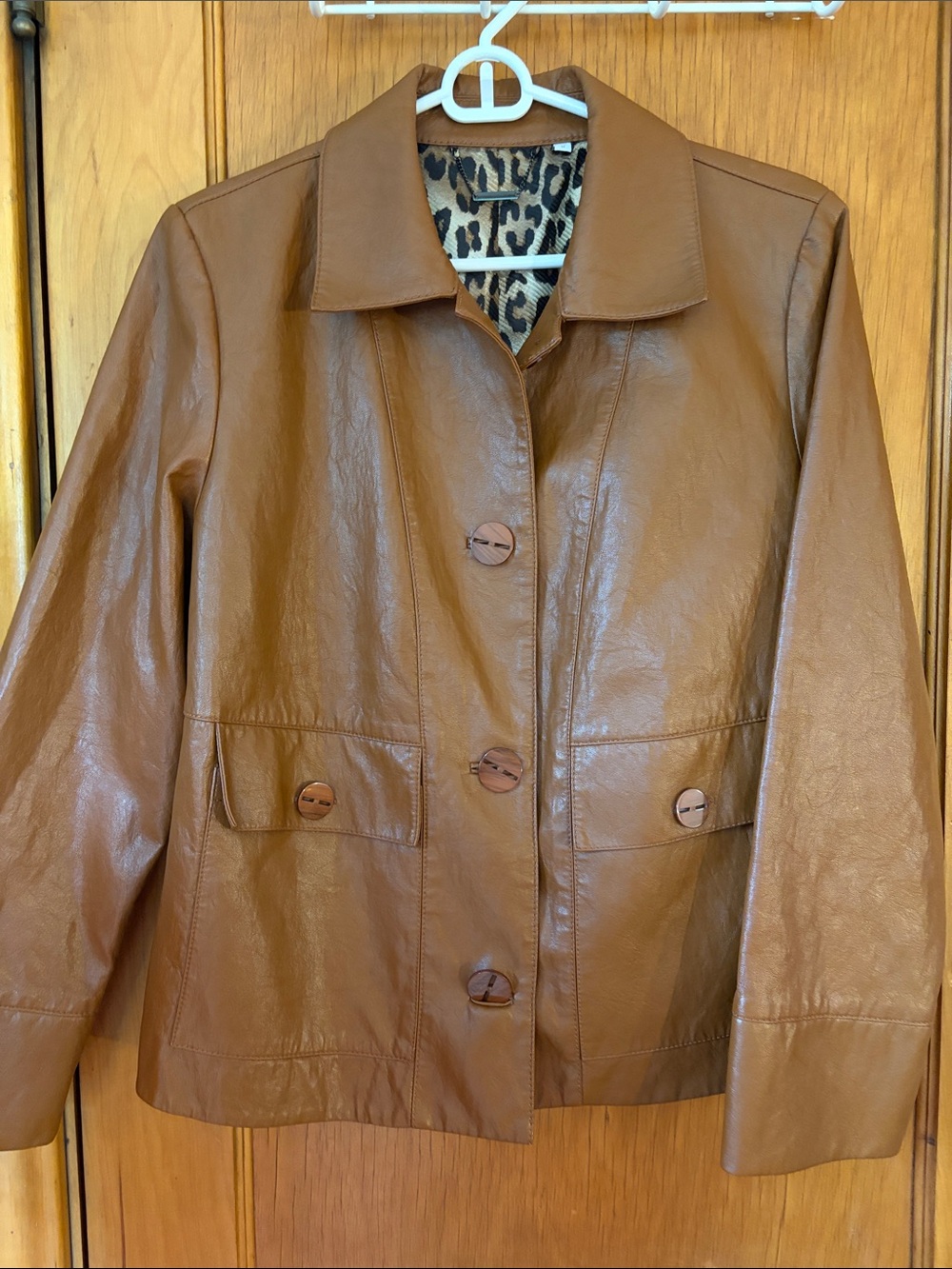 Chico's Cognac Brown Faux Leather Button Jacket